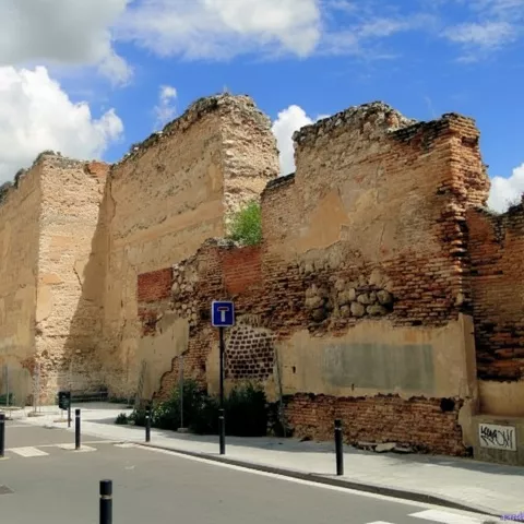 Restos de muralla de ladrillo junto a calle urbana.