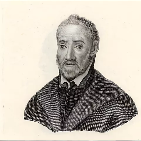 Grabado de busto masculino con barba sobre fondo claro