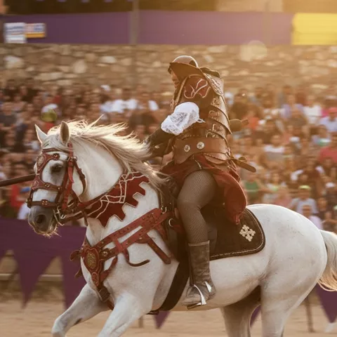 Jinete con lanza en torneo medieval