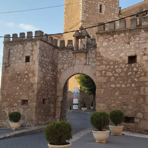 Entrada amurallada con macetas y torre