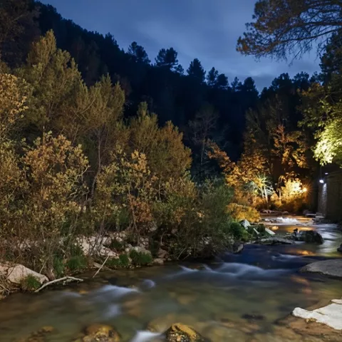 Río entre árboles al anochecer, con iluminación cálida y agua en movimiento.