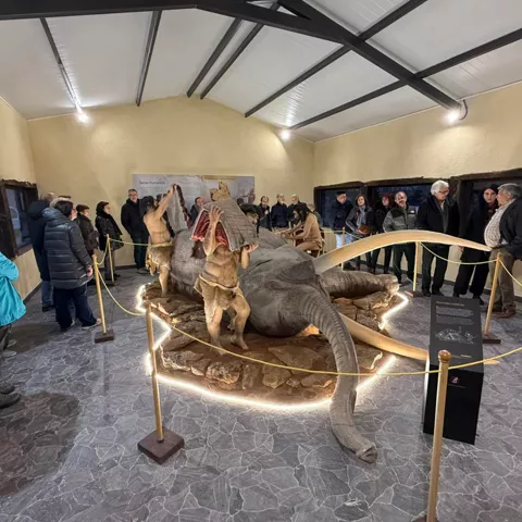 Escena museística de caza prehistórica.
