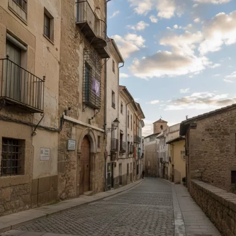 Calle estrecha con casas tradicionales y torre al fondo
