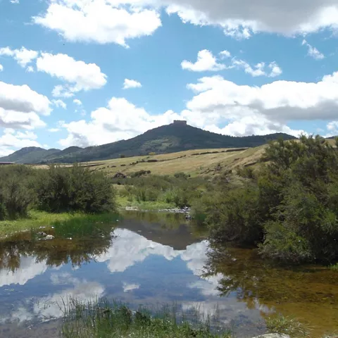 Arroyo en entorno natural con cerro al fondo