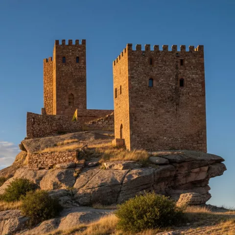 Torres defensivas de piedra recortadas contra el cielo