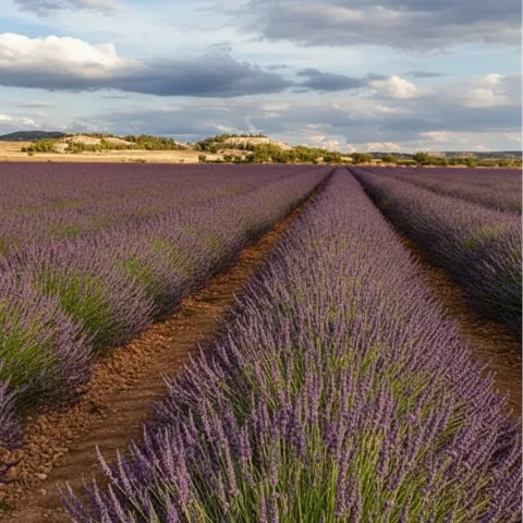 Plantación de lavanda en hileras paralelas bajo cielo nublado.