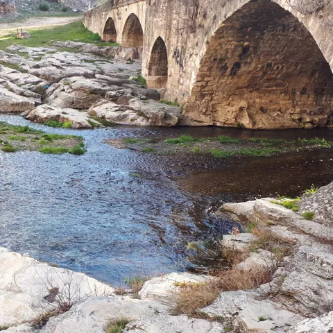 Puente de piedra sobre un río poco caudaloso.