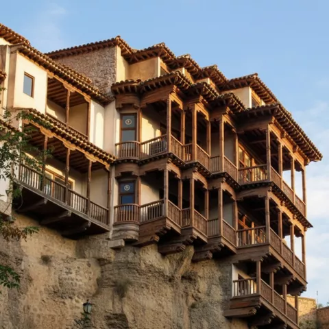 Fachadas con balcones de madera sobre acantilado