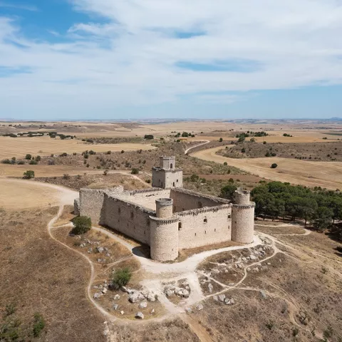 Vista aérea de fortaleza rodeada de campos