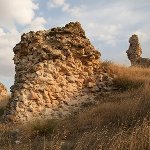 Torre circular en lo alto de cerro rocoso.
