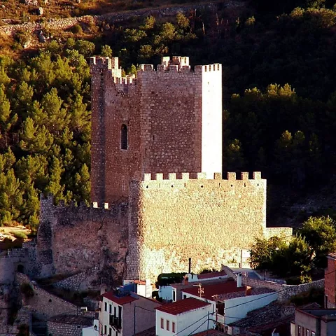 Fortaleza de piedra sobre una colina, rodeada de casas blancas y vegetación.