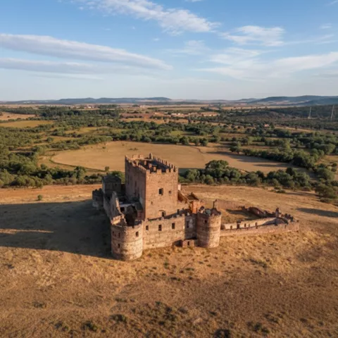 Vista aérea de una fortaleza rodeada de campos y matorral, con el horizonte al fondo.