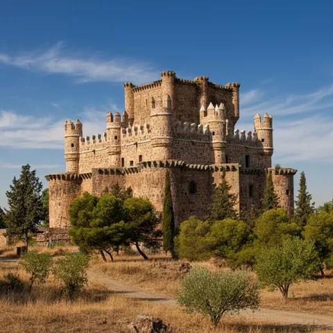 Castillo fortificado sobre colina con camino de tierra y vegetación seca.