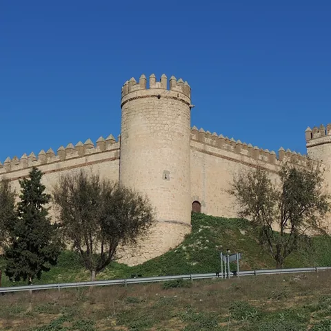 Vista lateral de fortaleza amurallada con torres cilíndricas y vegetación en la base.