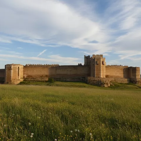 Recinto defensivo rodeado de pradera verde.