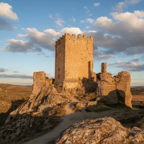 Torre medieval sobre colina rocosa al atardecer.