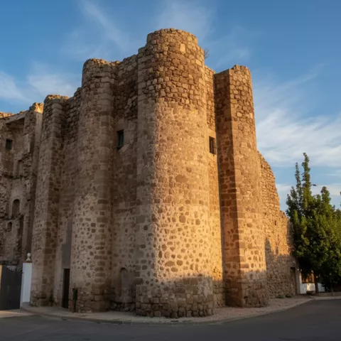 Murallas medievales con contrafuertes en una calle tranquila.