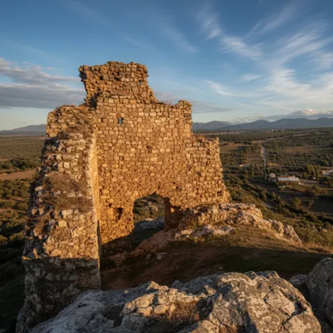 Arco de piedra en ruinas con amplio paisaje rural al fondo.