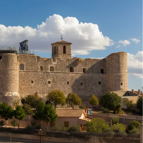 Castillo iluminado al atardecer junto a carretera