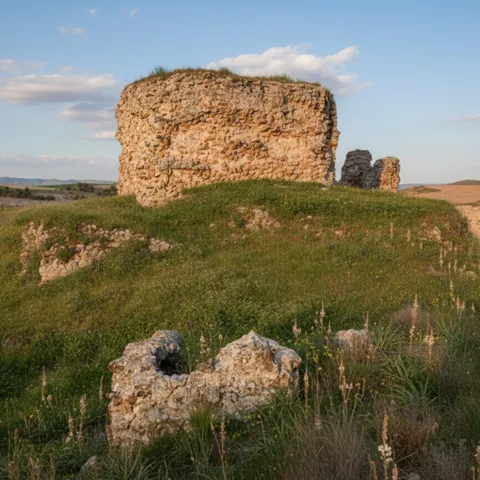 Torre circular en ruinas rodeada de hierba.
