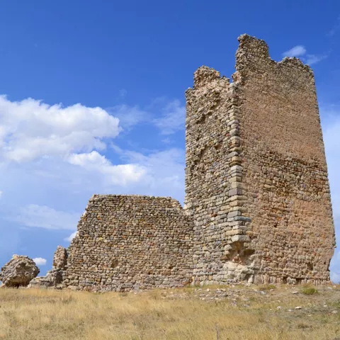 Torre en ruinas en paisaje abierto.