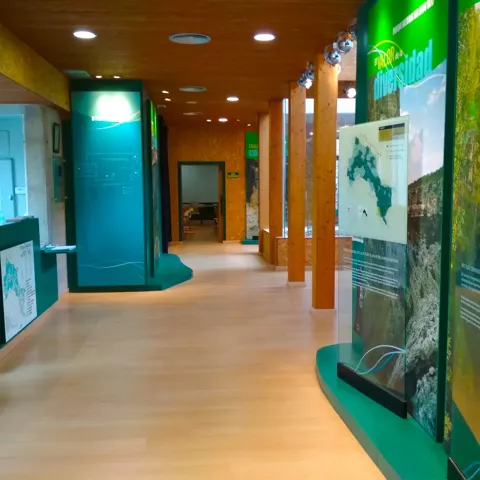 Espacio interior con mostrador y paneles sobre naturaleza.