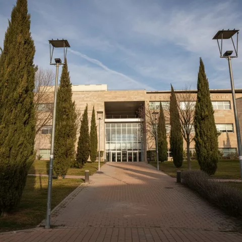 Fachada de edificio público con cipreses.