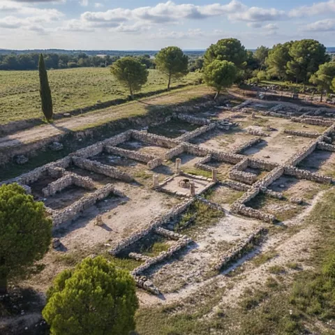 Ruinas rectangulares entre campos y pinos