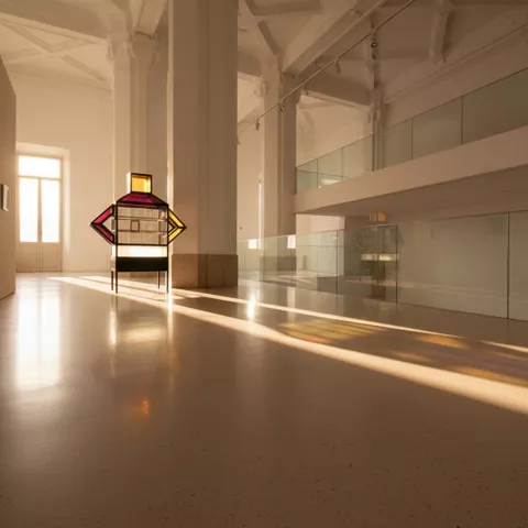 Escultura geométrica con vidrieras en espacio amplio y luminoso.