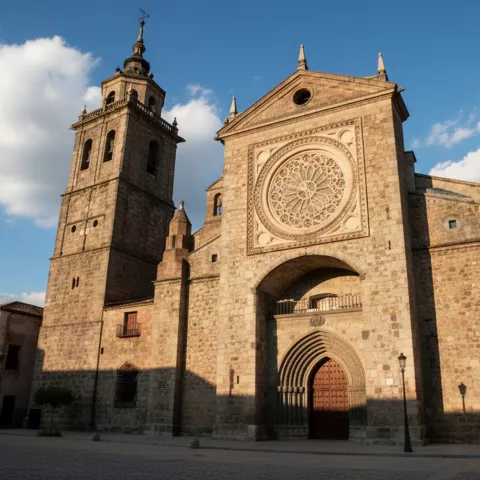 Detalle frontal de iglesia de piedra con gran rosetón circular y puerta arqueada.