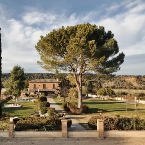Vista general de finca ajardinada con casa y árboles altos