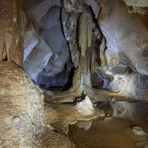 Galería subterránea con columnas y charcos en el suelo.