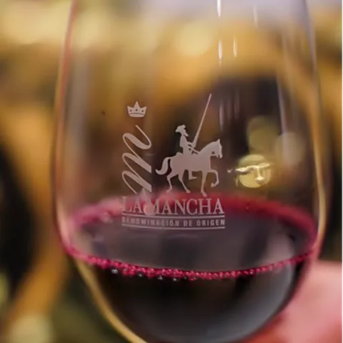 Copa de vino tinto con barricas al fondo