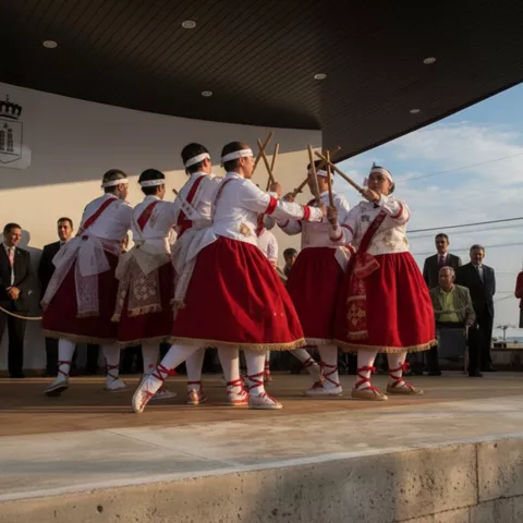 Grupo de danzantes con trajes tradicionales rojos realizando baile con palos en un escenario.