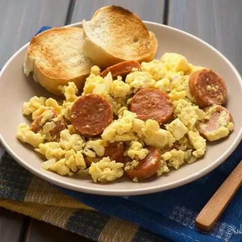 Revuelto de huevo con rodajas de embutido acompañado de pan tostado