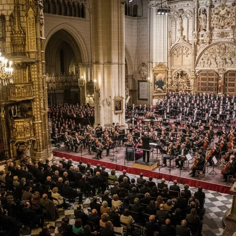 Orquesta y coro interpretando un concierto en el interior de una catedral ante numeroso público.