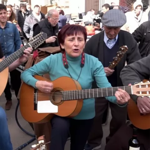 Personas cantando y tocando instrumentos de cuerda en la calle.