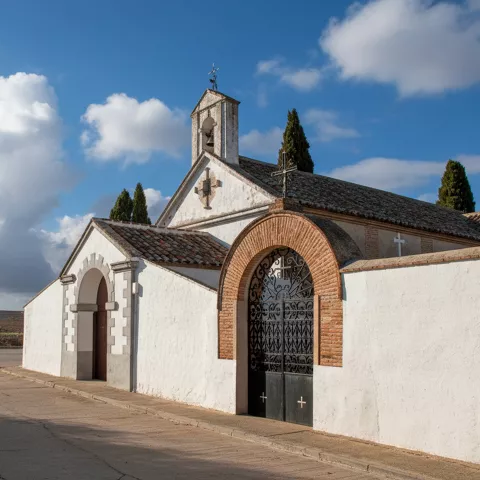 Ermita blanca con portada de ladrillo y espadaña