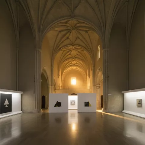 Espacio expositivo bajo bóveda con luz natural frontal.