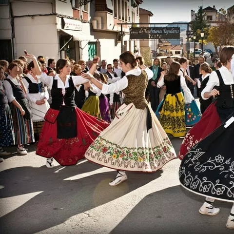 Baile popular en la calle con trajes tradicionales y público alrededor.