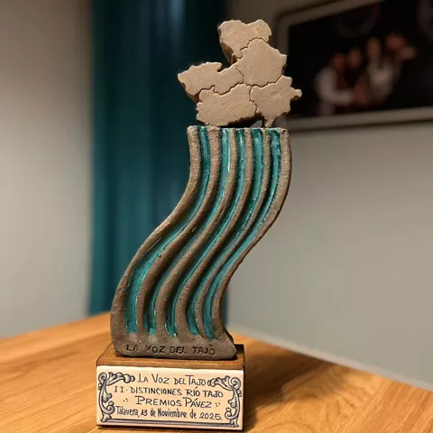 Trofeo artístico con formas onduladas sobre mesa