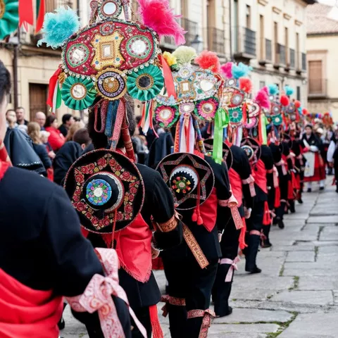 Grupo con tocados ornamentados avanzando por calle empedrada.