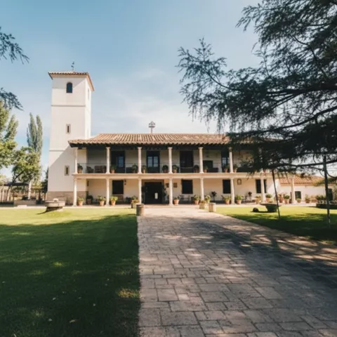 Entrada principal de casa rural con camino y jardín