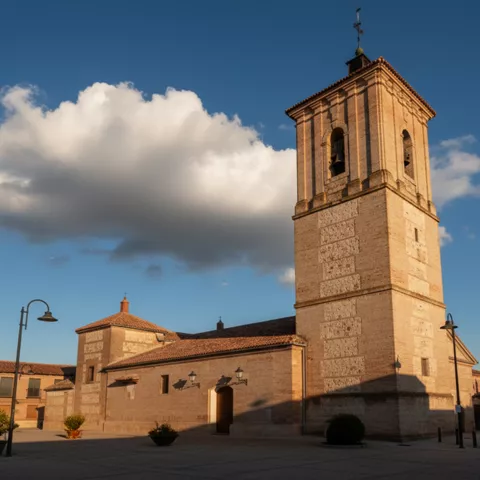 Iglesia de ladrillo con torre alta al atardecer