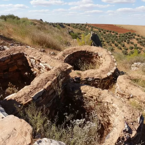 Restos arqueológicos en el entorno rural de Granátula de Calatrava (Ciudad Real), con paisaje de campos y olivares.
