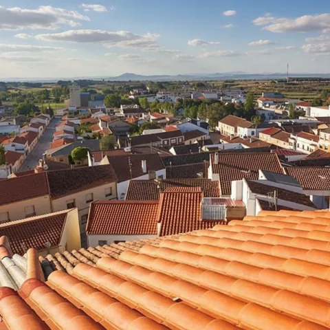 Tejados de teja roja en Higueruela con el paisaje agrícola y montañoso de Castilla-La Mancha extendiéndose en el horizonte.