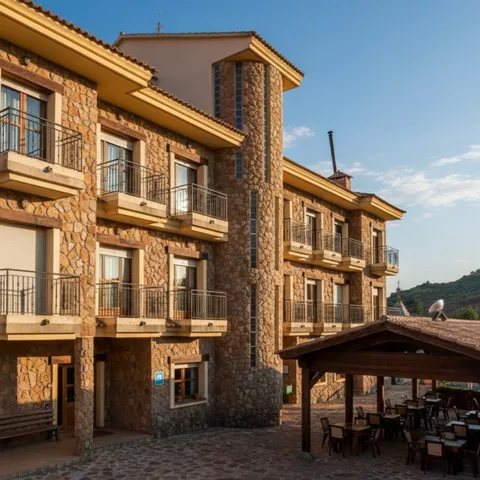 Hotel de piedra con varios balcones y patio exterior con mesas bajo un porche.