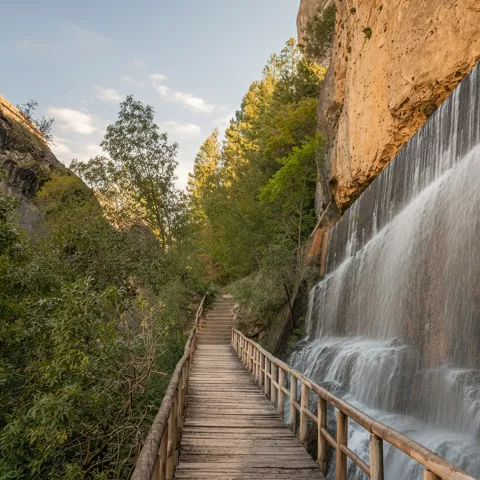 Sendero elevado junto a pared de agua