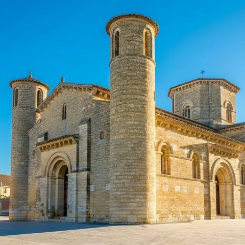 Iglesia románica con ábsides semicirculares y torres cilíndricas iluminada por el sol.