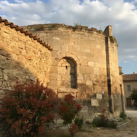Fachada curva de sillería al atardecer.